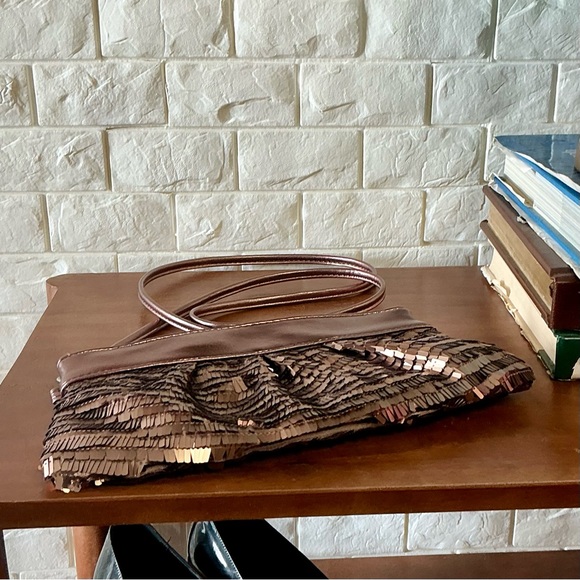 Limited Edition Metallic Copper Sequin Fringe Structured Frame Clutch Crossbody - Picture 7 of 16